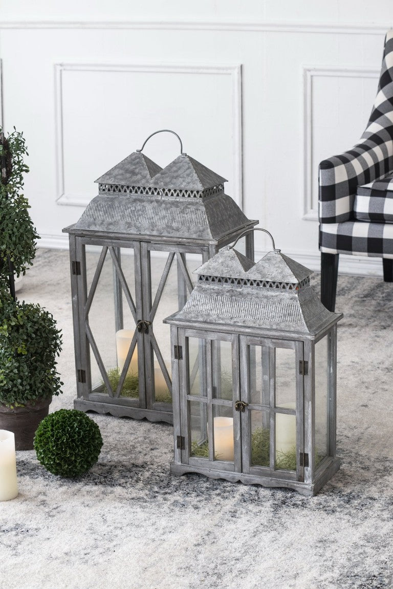English Elm S/2 Fir Wood Metal Candle Lanterns Weathered Gray Farmhouse Mantel Patio Decor B2768P534827