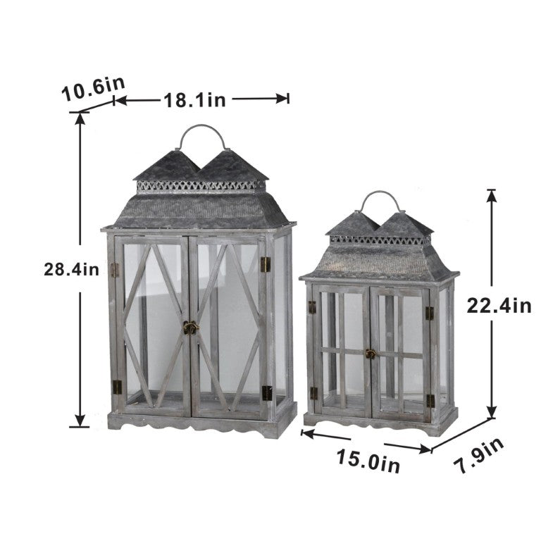 English Elm S/2 Fir Wood Metal Candle Lanterns Weathered Gray Farmhouse Mantel Patio Decor B2768P534827