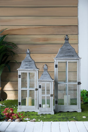 English Elm S/3 Graduated Gray Wood Metal Lanterns Candlelight Vignette Mantel Porch Decor B2768P534829