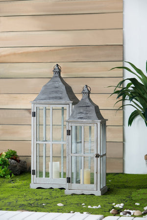 English Elm S/3 Graduated Gray Wood Metal Lanterns Candlelight Vignette Mantel Porch Decor B2768P534829