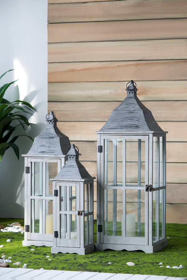 English Elm S/3 Graduated Gray Wood Metal Lanterns Candlelight Vignette Mantel Porch Decor B2768P534829