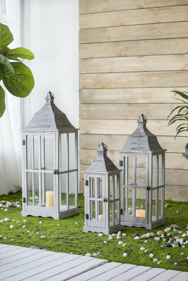 English Elm S/3 Graduated Gray Wood Metal Lanterns Candlelight Vignette Mantel Porch Decor B2768P534829