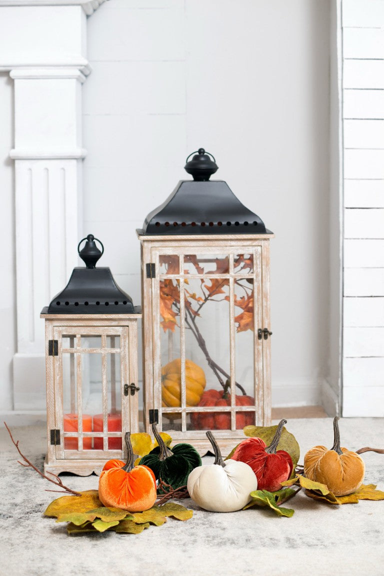English Elm S/2 Fir Wood and Glass Candle Lanterns with Iron Roof for Mantel or Entryway B2768P534830