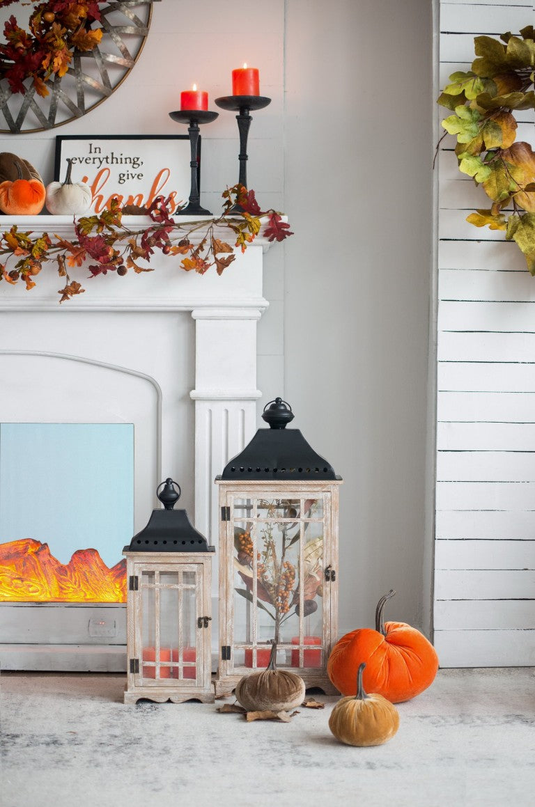 English Elm S/2 Fir Wood and Glass Candle Lanterns with Iron Roof for Mantel or Entryway B2768P534830