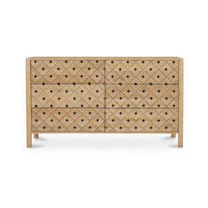 English Elm Dresser, Solid Mango Wood Hand Carved Geometric Relief Six Drawer Bohemian Bedroom B2769P516013