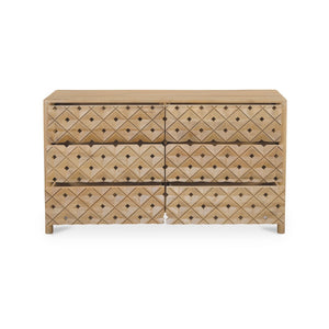 English Elm Dresser, Solid Mango Wood Hand Carved Geometric Relief Six Drawer Bohemian Bedroom B2769P516013