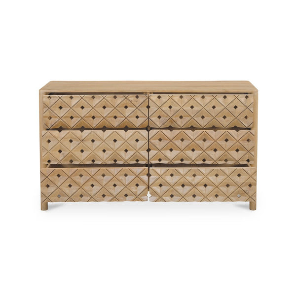English Elm Dresser, Solid Mango Wood Hand Carved Geometric Relief Six Drawer Bohemian Bedroom B2769P516013