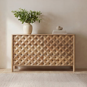 English Elm Dresser, Solid Mango Wood Hand Carved Geometric Relief Six Drawer Bohemian Bedroom B2769P516013