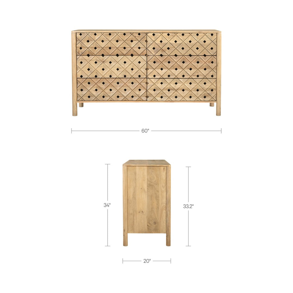 English Elm Dresser, Solid Mango Wood Hand Carved Geometric Relief Six Drawer Bohemian Bedroom B2769P516013