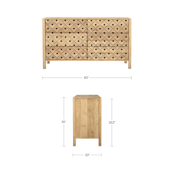English Elm Dresser, Solid Mango Wood Hand Carved Geometric Relief Six Drawer Bohemian Bedroom B2769P516013
