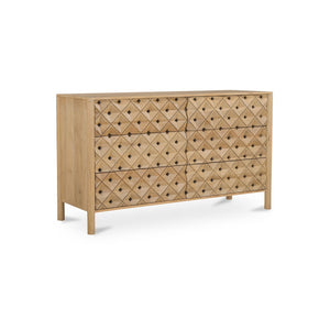 English Elm Dresser, Solid Mango Wood Hand Carved Geometric Relief Six Drawer Bohemian Bedroom B2769P516013