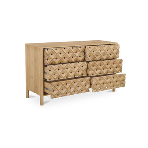 English Elm Dresser, Solid Mango Wood Hand Carved Geometric Relief Six Drawer Bohemian Bedroom B2769P516013