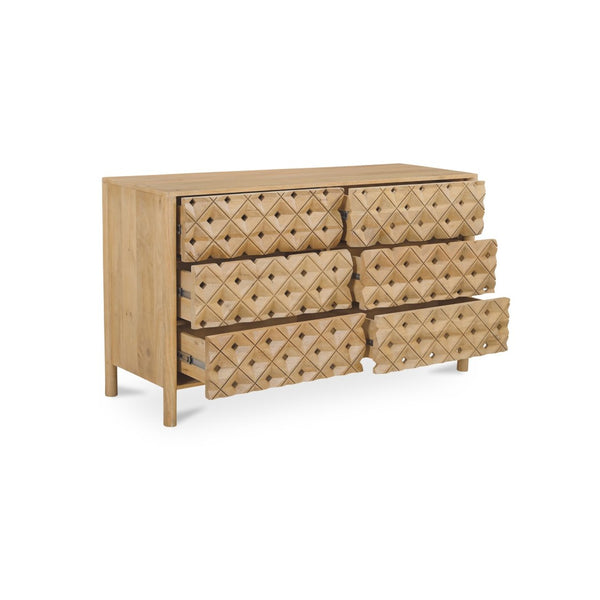 English Elm Dresser, Solid Mango Wood Hand Carved Geometric Relief Six Drawer Bohemian Bedroom B2769P516013
