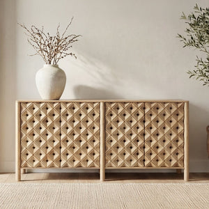 English Elm Sideboard, Handcrafted Mango Wood Geometric Relief Carved Front for Dining or Entryway B2769P516014