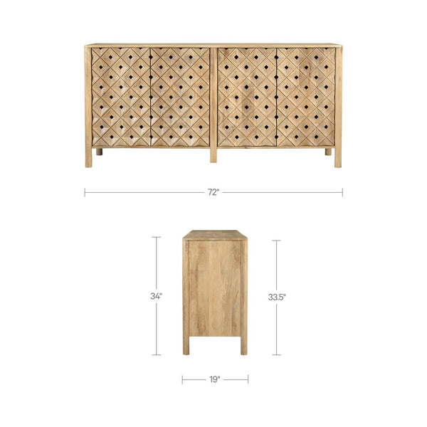 English Elm Sideboard, Handcrafted Mango Wood Geometric Relief Carved Front for Dining or Entryway B2769P516014