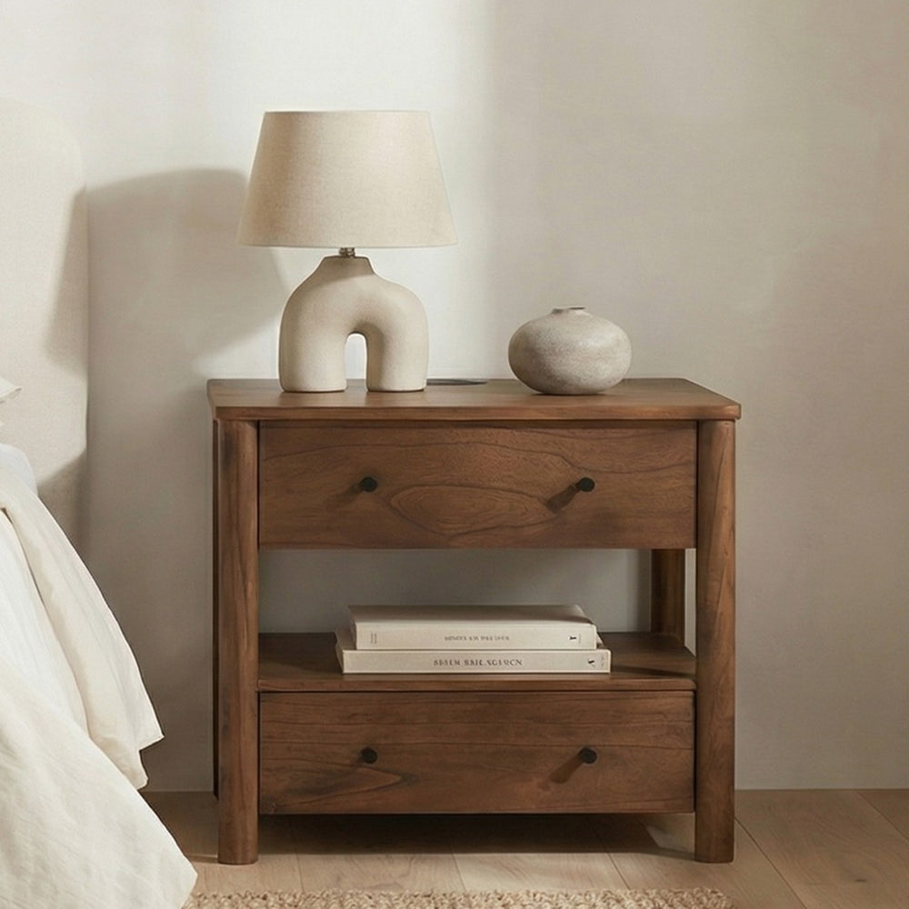 English Elm Nightstand, Solid Neem Wood Two Drawer Design with Wireless Charging for Bedroom B2769P516498