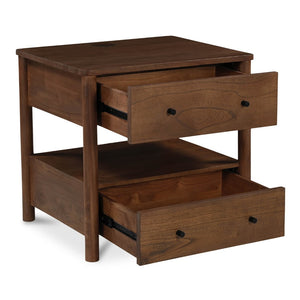English Elm Nightstand, Solid Neem Wood Two Drawer Design with Wireless Charging for Bedroom B2769P516498