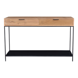 English Elm Console Solid Teak Wood Iron Frame Entryway Table with Two Drawers and Open Shelf B2769P516507