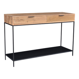 English Elm Console Solid Teak Wood Iron Frame Entryway Table with Two Drawers and Open Shelf B2769P516507