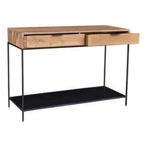 English Elm Console Solid Teak Wood Iron Frame Entryway Table with Two Drawers and Open Shelf B2769P516507