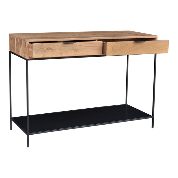 English Elm Console Solid Teak Wood Iron Frame Entryway Table with Two Drawers and Open Shelf B2769P516507