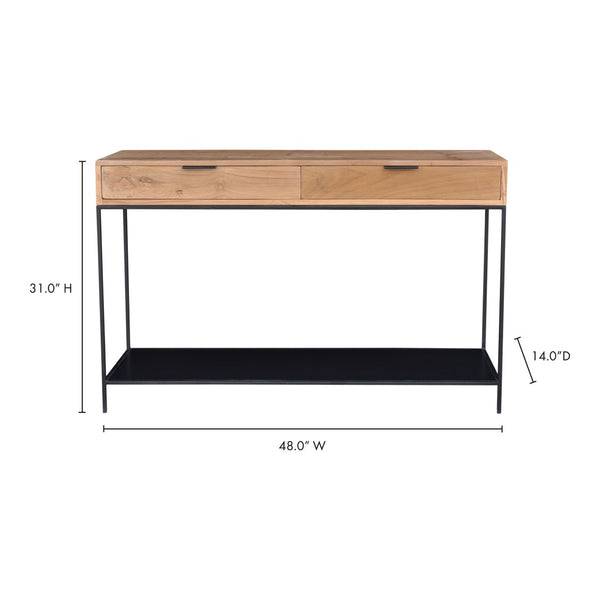 English Elm Console Solid Teak Wood Iron Frame Entryway Table with Two Drawers and Open Shelf B2769P516507