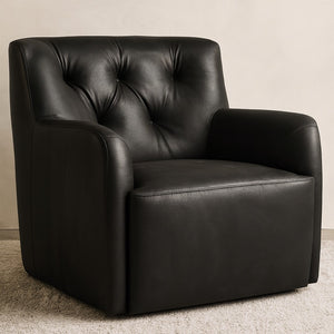 English Elm Accent Swivel Club Chair Top Grain Leather Button Tufted High Back Rubberwood Base B2769P516521