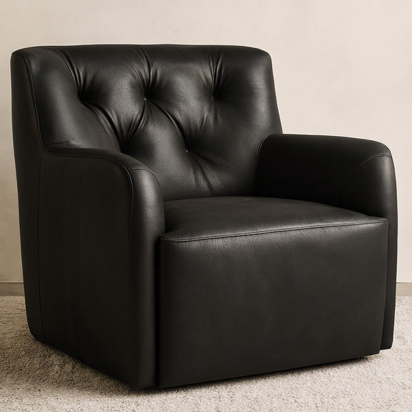 English Elm Accent Swivel Club Chair Top Grain Leather Button Tufted High Back Rubberwood Base B2769P516521