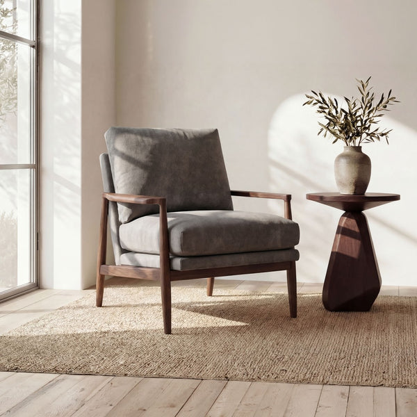 English Elm Occasional Leather Accent Chair Solid Walnut Frame Mid-century Sculptural Lounge Seat B2769P516523