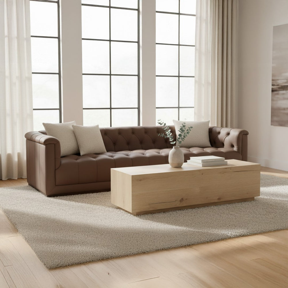English Elm Sofa, Three Seat Top Grain Leather Tufted Back Matte Brown Mid Century Living Room B2769P516524