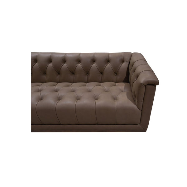 English Elm Sofa, Three Seat Top Grain Leather Tufted Back Matte Brown Mid Century Living Room B2769P516524