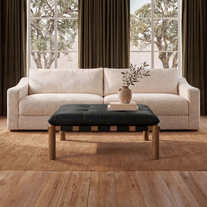 English Elm Ottoman, Solid Oak Legs Top Grain Leather Tufted Square Living Room Focal Piece Black B2769P516526