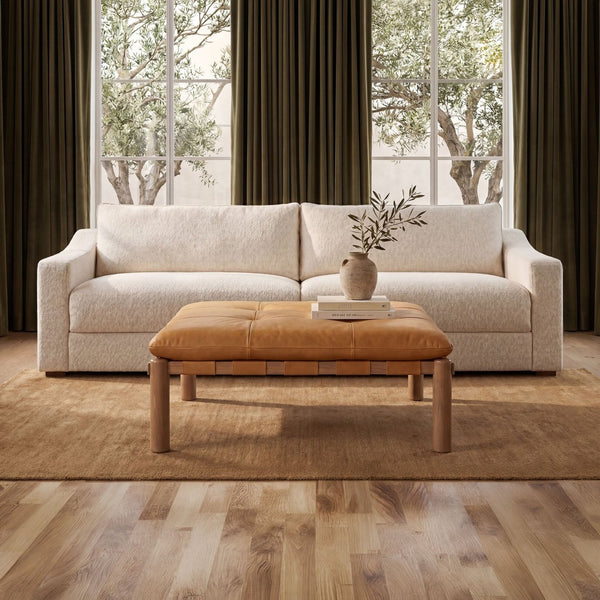 English Elm Ottoman, Solid Oak Legs Top Grain Leather Tufted Square Living Room Focal Piece Tan B2769P516527