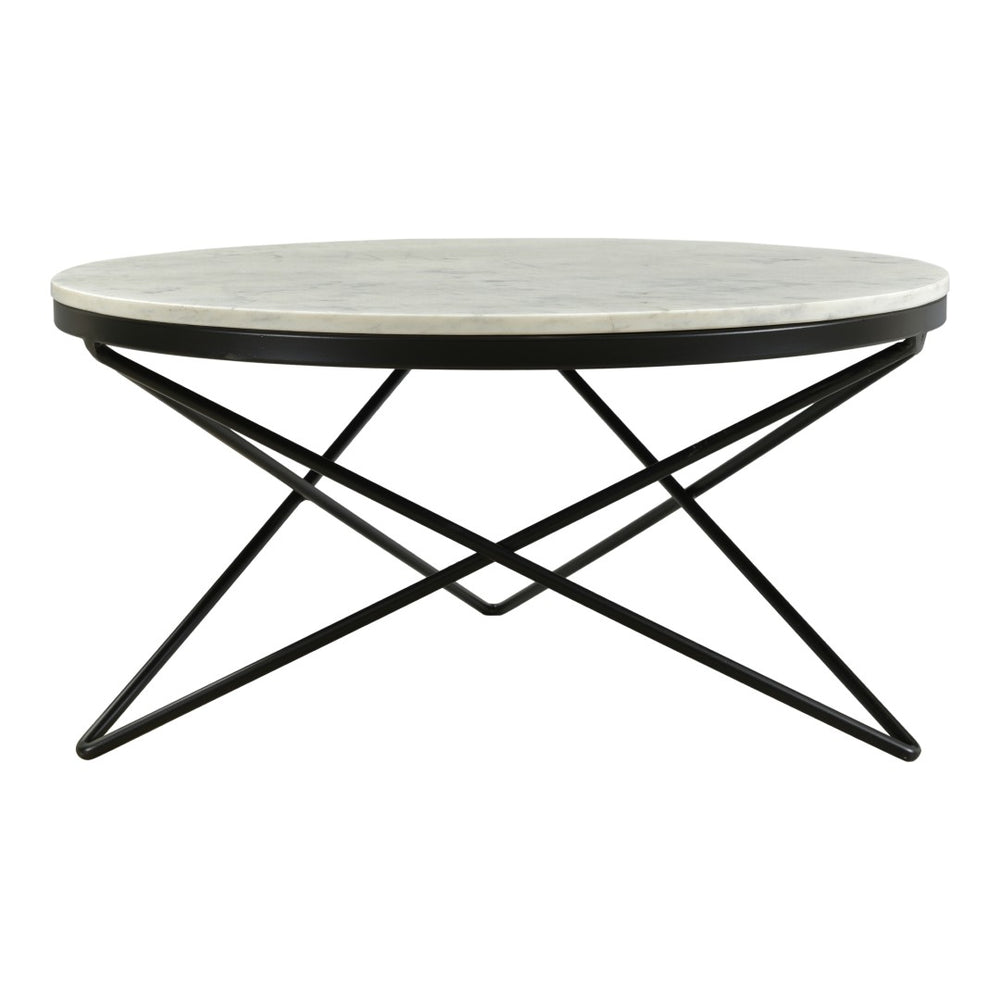 English Elm Coffee Table Round White Marble Top Sculptural Black Iron Base Glam Modern Living Room B2769P516529