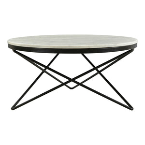 English Elm Coffee Table Round White Marble Top Sculptural Black Iron Base Glam Modern Living Room B2769P516529