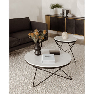 English Elm Coffee Table Round White Marble Top Sculptural Black Iron Base Glam Modern Living Room B2769P516529