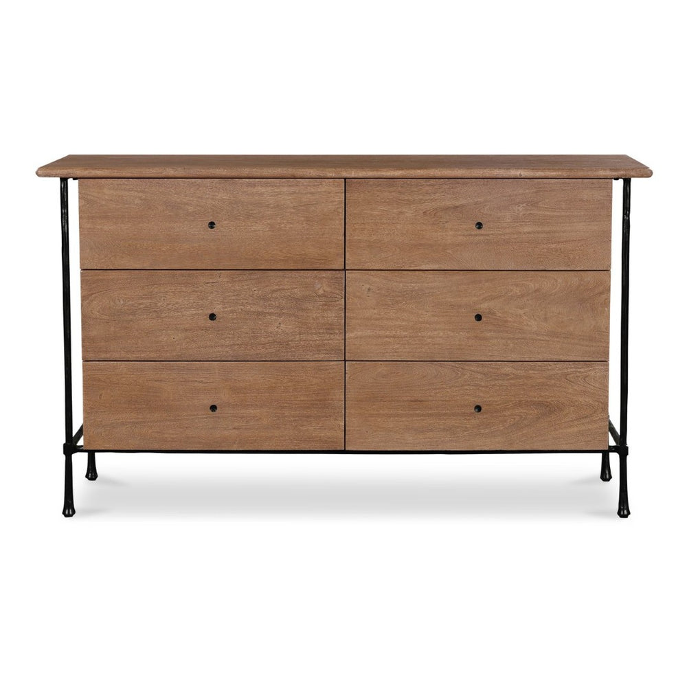 English Elm Dresser, Six Drawer Solid Acacia Wood with Hammered Iron Frame for Traditional Bedroom B2769P516546
