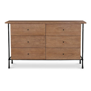English Elm Dresser, Six Drawer Solid Acacia Wood with Hammered Iron Frame for Traditional Bedroom B2769P516546