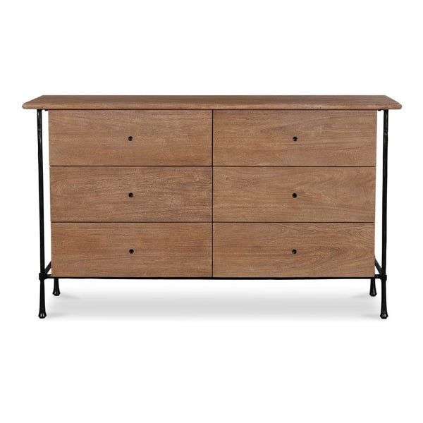 English Elm Dresser, Six Drawer Solid Acacia Wood with Hammered Iron Frame for Traditional Bedroom B2769P516546