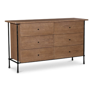 English Elm Dresser, Six Drawer Solid Acacia Wood with Hammered Iron Frame for Traditional Bedroom B2769P516546