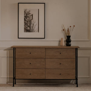 English Elm Dresser, Six Drawer Solid Acacia Wood with Hammered Iron Frame for Traditional Bedroom B2769P516546