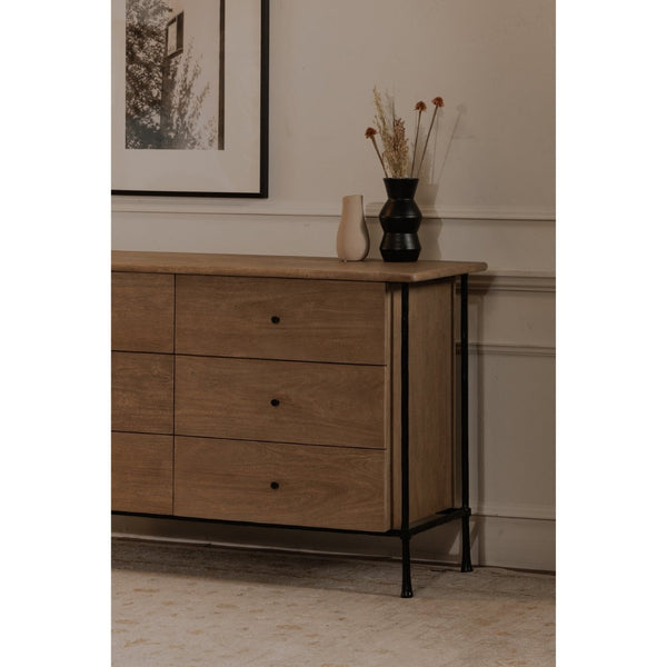 English Elm Dresser, Six Drawer Solid Acacia Wood with Hammered Iron Frame for Traditional Bedroom B2769P516546