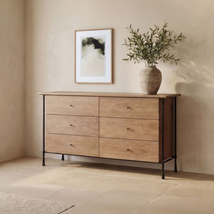 English Elm Dresser, Six Drawer Solid Acacia Wood with Hammered Iron Frame for Traditional Bedroom B2769P516546