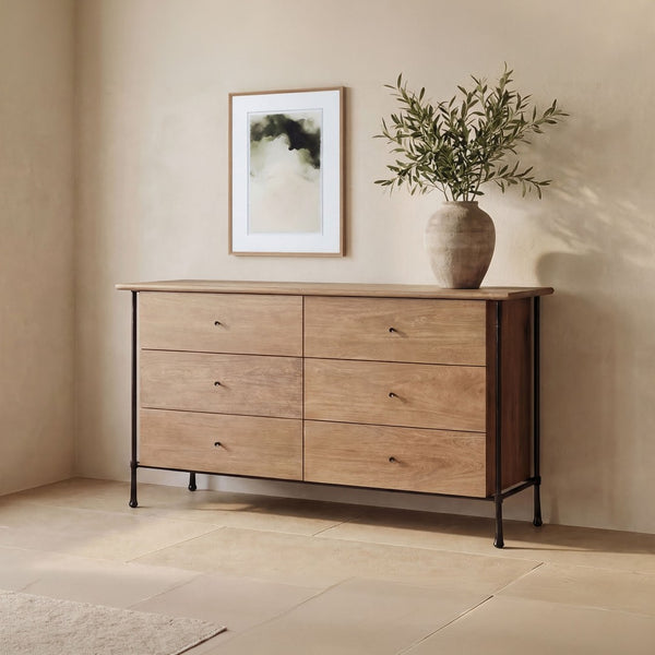 English Elm Dresser, Six Drawer Solid Acacia Wood with Hammered Iron Frame for Traditional Bedroom B2769P516546