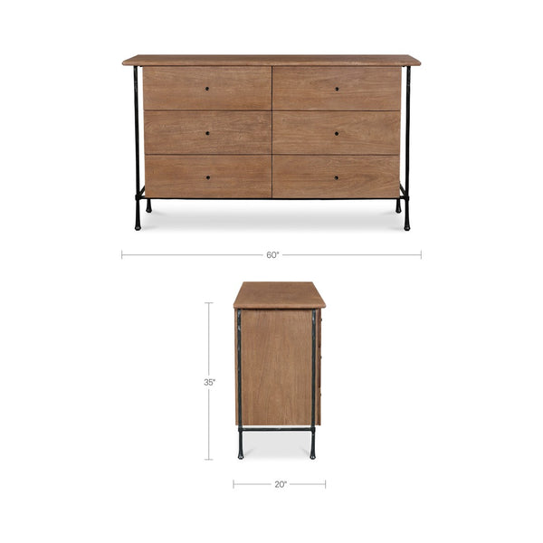 English Elm Dresser, Six Drawer Solid Acacia Wood with Hammered Iron Frame for Traditional Bedroom B2769P516546