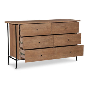 English Elm Dresser, Six Drawer Solid Acacia Wood with Hammered Iron Frame for Traditional Bedroom B2769P516546