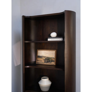 English Elm Bookcase, Curved Mahogany Four Shelf Display Unit Warm Brown Wood Grain Living Room B2769P516566