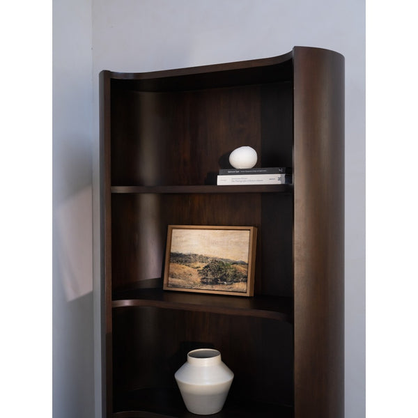 English Elm Bookcase, Curved Mahogany Four Shelf Display Unit Warm Brown Wood Grain Living Room B2769P516566