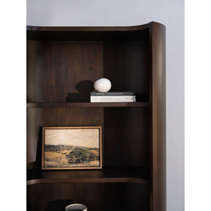 English Elm Bookcase, Curved Mahogany Four Shelf Display Unit Warm Brown Wood Grain Living Room B2769P516566