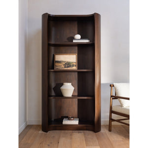 English Elm Bookcase, Curved Mahogany Four Shelf Display Unit Warm Brown Wood Grain Living Room B2769P516566